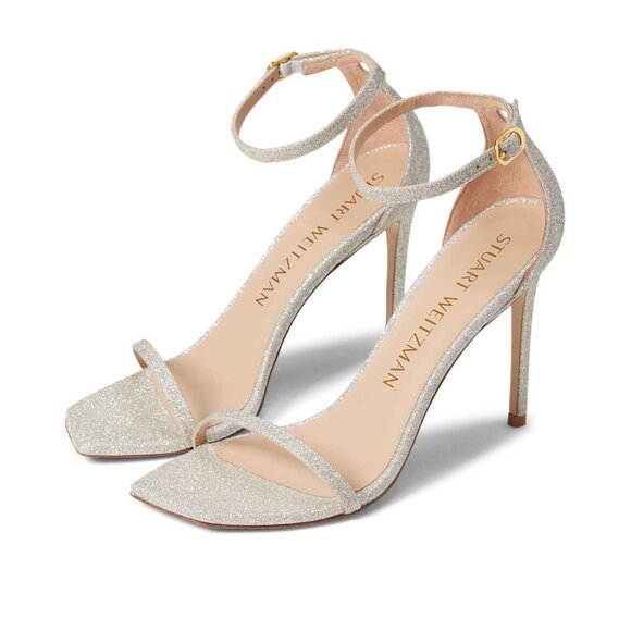 Stuart Weitzman "Nudistcurve 100" in Platino Glitter | Stiletto Sandals | NWT - Picture 1 of 5